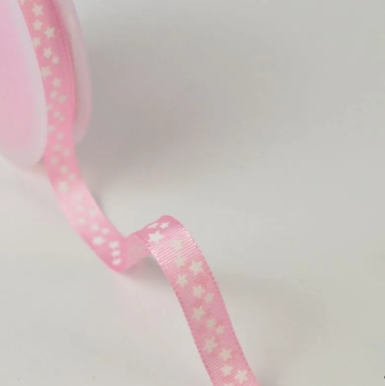 Tissu Ruban gros grain Rose étoiles blanches, 10 mm