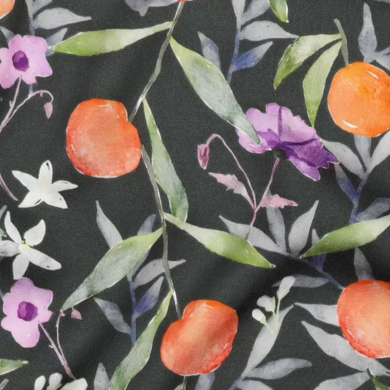 Tissu Satin de Viscose Fruits & Fleurs – Vert foncé