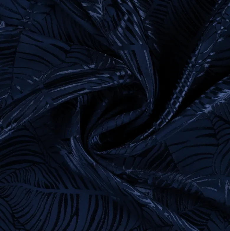 Tissu satin de viscose motif exotique fond bleu marine