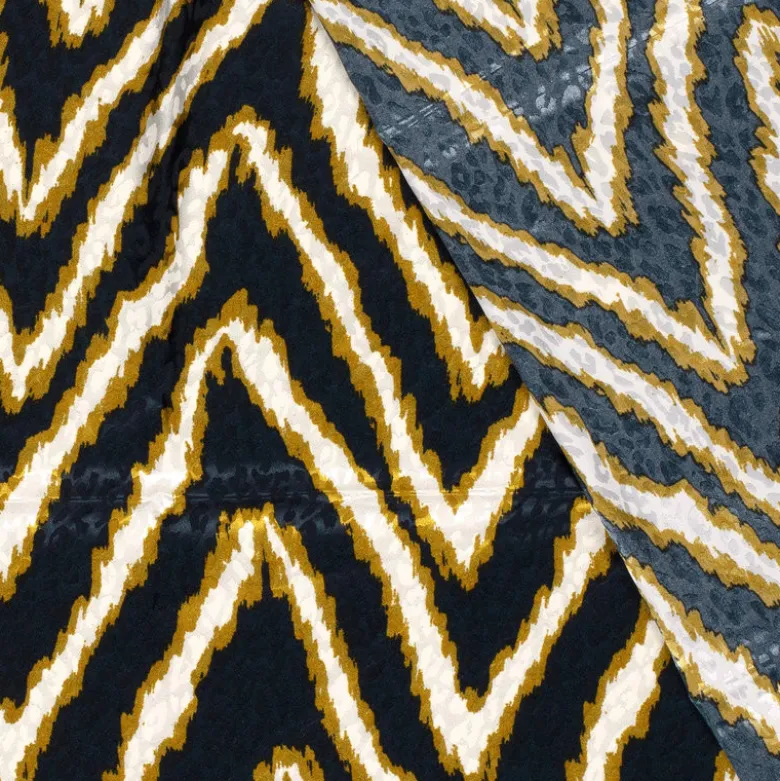 Tissu Satin léopard géométrique bleu, ocre et beige - oeko tex