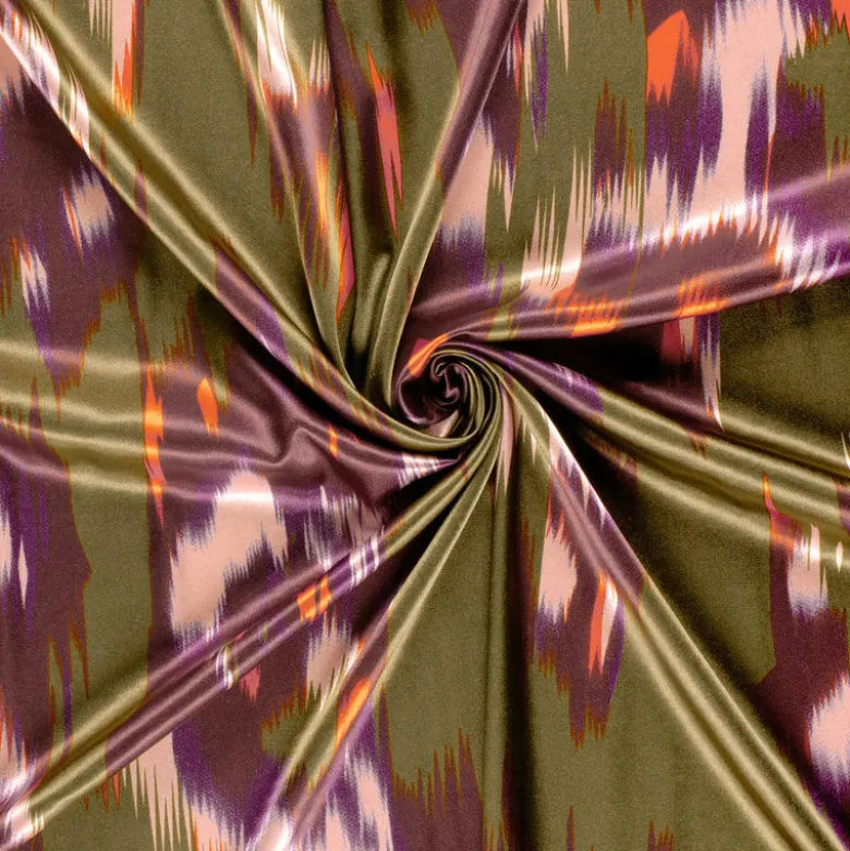 Tissu Satin motif style Ikat - Violet et vert