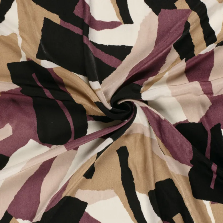 Tissu Satin peau de pêche motif abstrait - Noir et aubergine