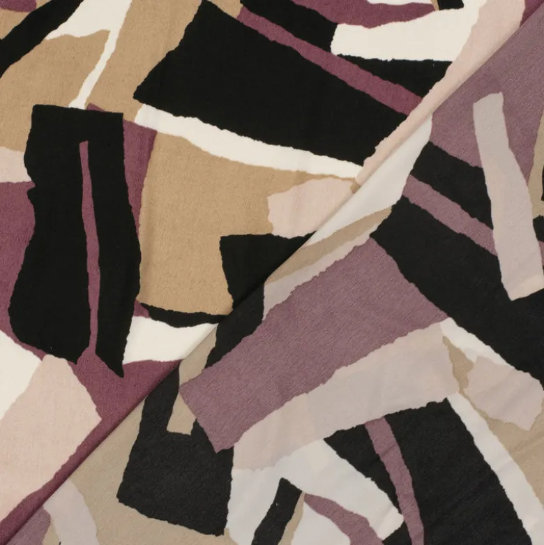 Tissu Satin peau de pêche motif abstrait - Noir et aubergine