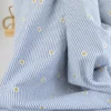 Tissu Seersucker bleu marine Rayures Fines Brodé Marguerites – Coton Léger Été