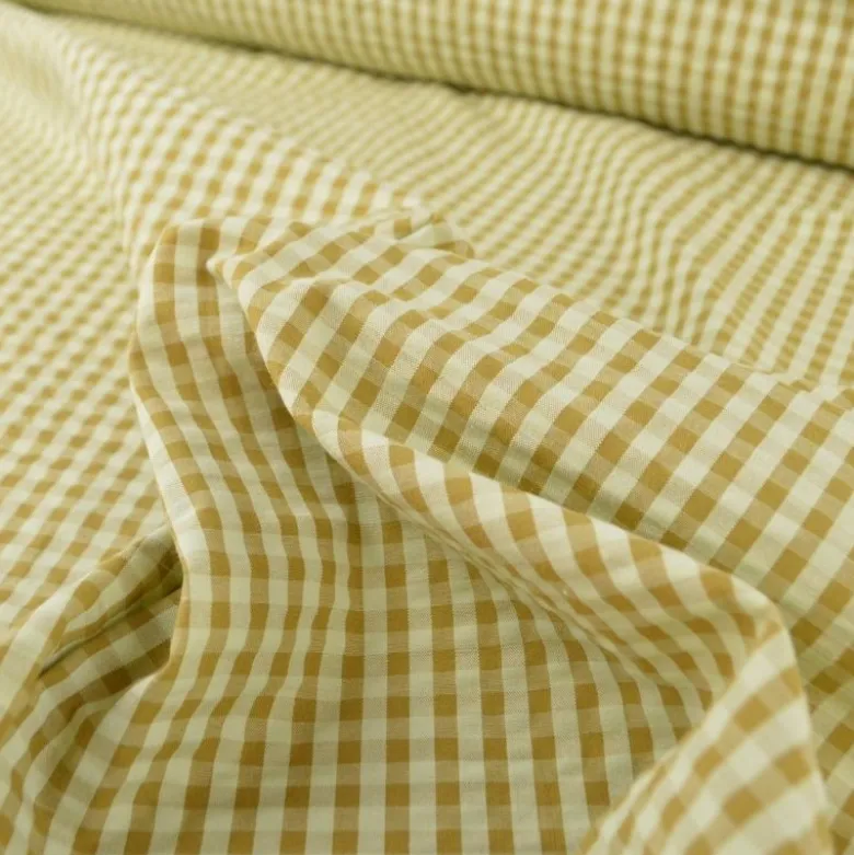 Tissu seersucker Eli Vichy petits carreaux - Vert clair et Bronze