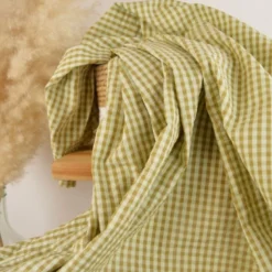Tissu seersucker Eli Vichy petits carreaux - Vert clair et Bronze