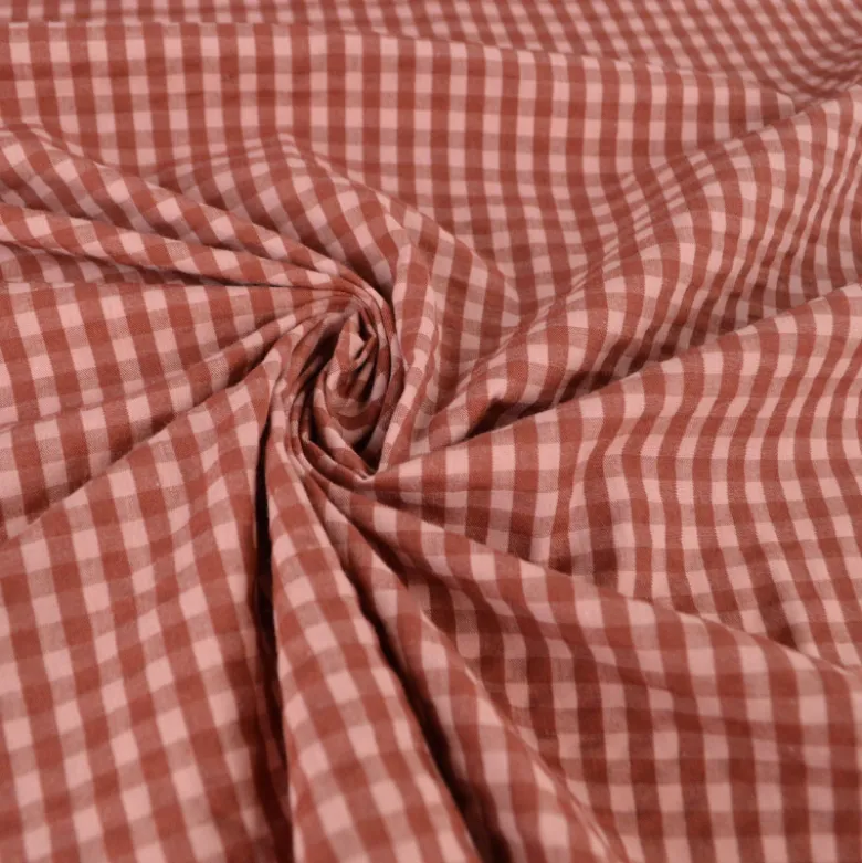 Tissu seersucker Eli Vichy petits carreaux - Cacao et rose Thé