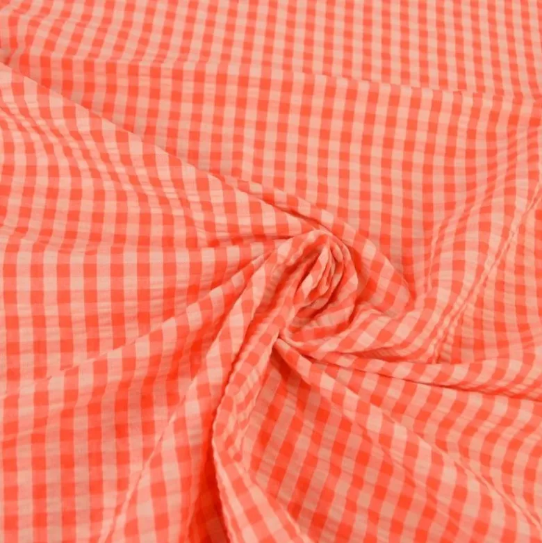 Tissu seersucker Eli Vichy petits carreaux - Pêche et fraise