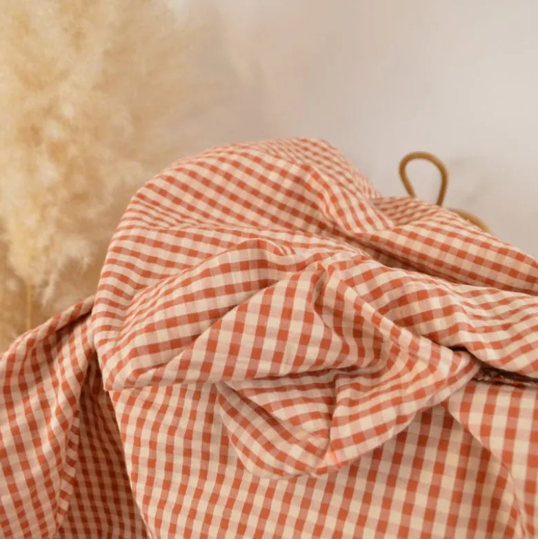 Tissu seersucker Eli Vichy petits carreaux - Cognac et pêche