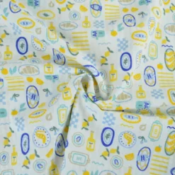 Tissu Seersucker Imprimé Riviera Gourmande Jaune et Bleu
