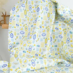 Tissu Seersucker Imprimé Riviera Gourmande Jaune et Bleu