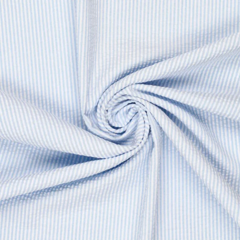 Tissu seersucker à rayures bleu ciel et blanc - OEKO TEX