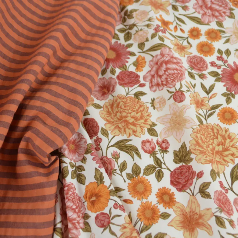 Tissu seersucker à rayures larges - Caramel et Aubergine