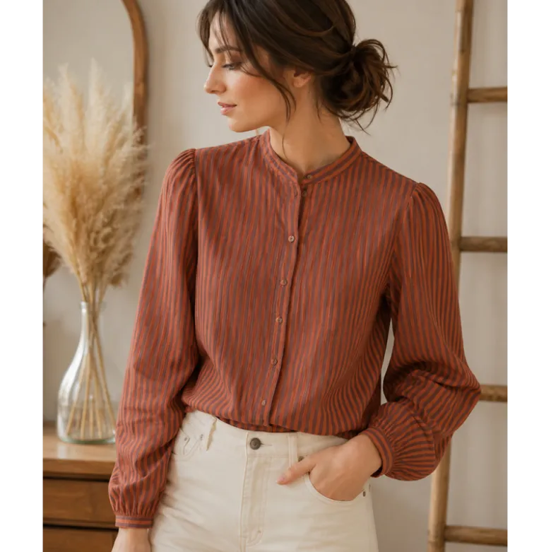 Tissu seersucker à rayures larges - Caramel et Aubergine