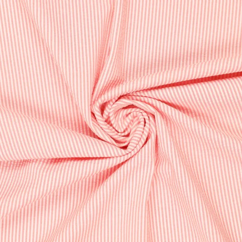 Tissu seersucker à rayures Rose clair et blanc