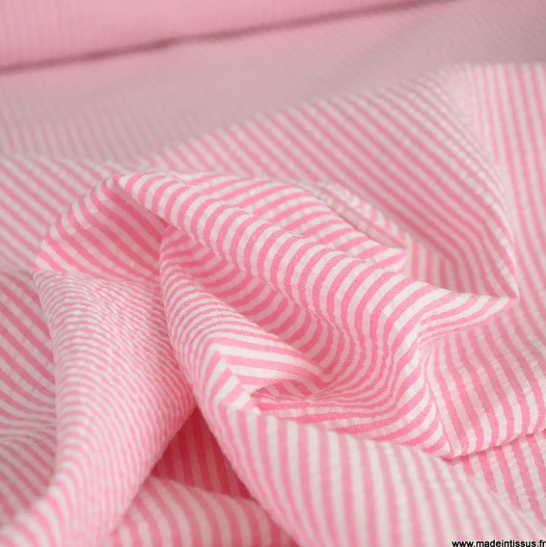 Tissu seersucker à rayures Rose et blanc