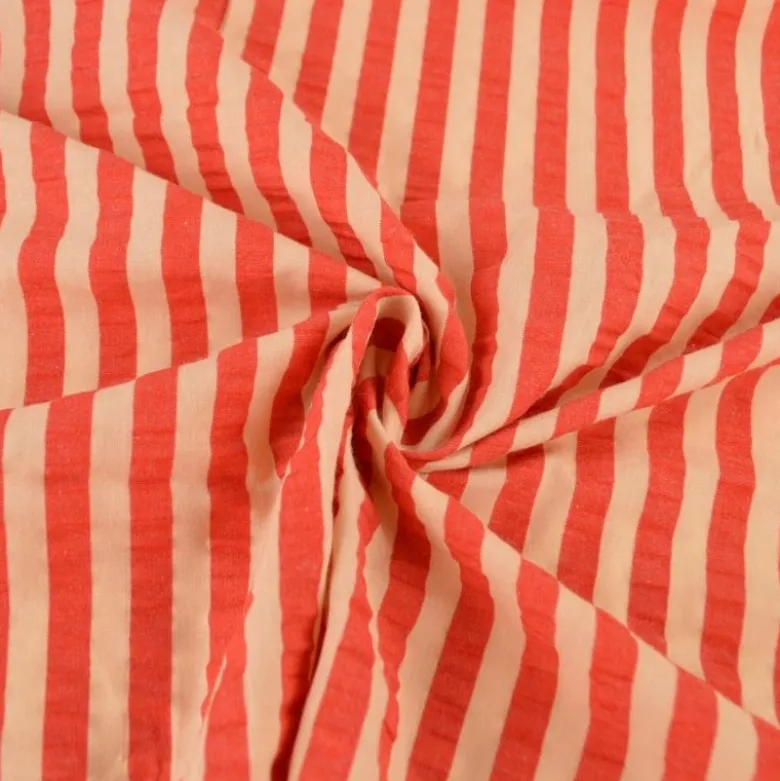 Tissu seersucker à rayures Tom - Abricot et Cerise