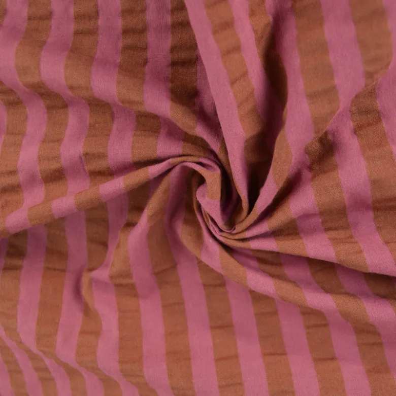 Tissu seersucker à rayures Tom - Bois de rose et Toffee