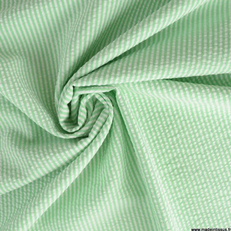 Tissu seersucker à rayures vertes et blanches