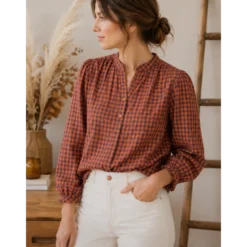 Tissu seersucker Vichy grands carreaux Caramel et Aubergine - OEKO TEX