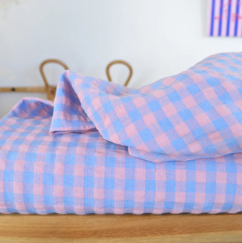 Tissu seersucker Vichy grands carreaux Bleu indigo et rose