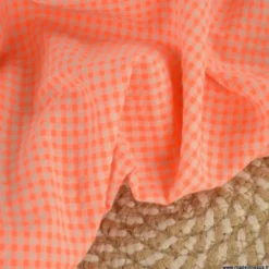 Tissu seersucker Vichy petits carreaux Orange Fluo - OEKO TEX