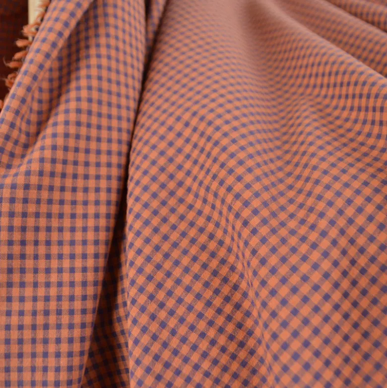 Tissu seersucker Vichy petits carreaux Caramel et Aubergine - OEKO TEX