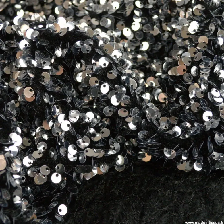 Tissu Sequin Argent sur velours noir