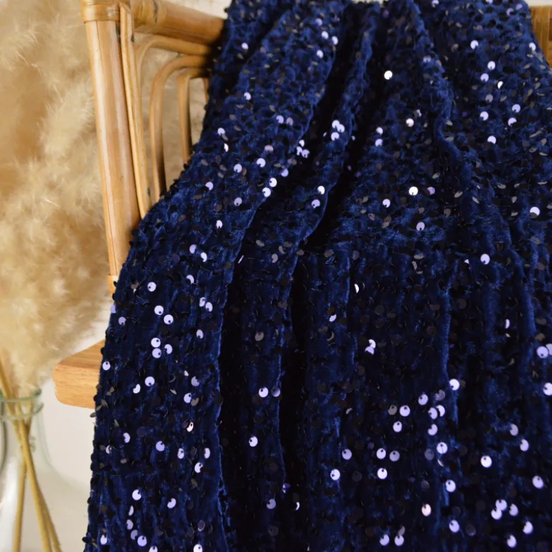 Tissu Sequin fin sur base velours - bleu marine