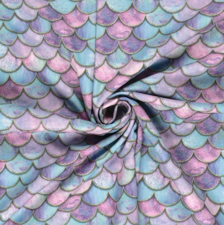 Tissu Softshell motifs écailles de sirènes rose et bleu