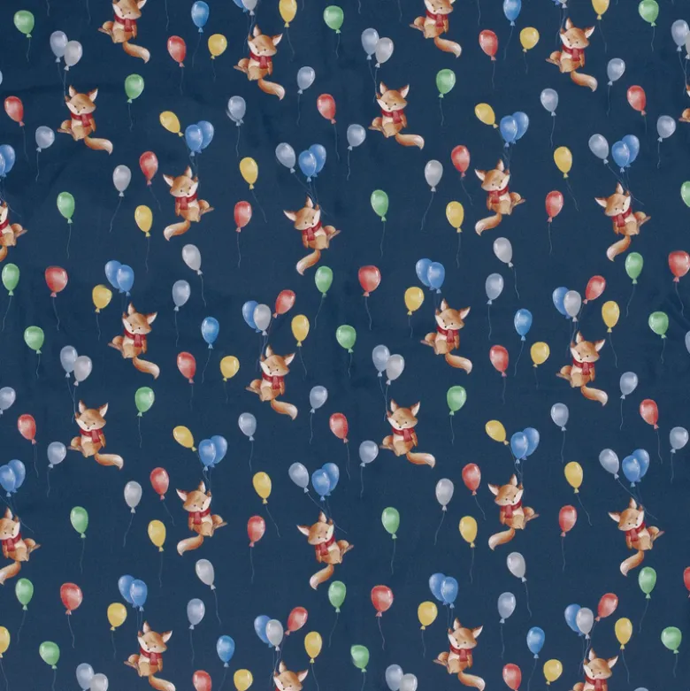 Tissu Softshell motifs renards et ballons bleu marine