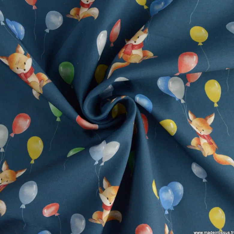 Tissu Softshell motifs renards et ballons bleu marine