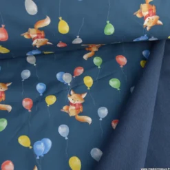 Tissu Softshell motifs renards et ballons bleu marine