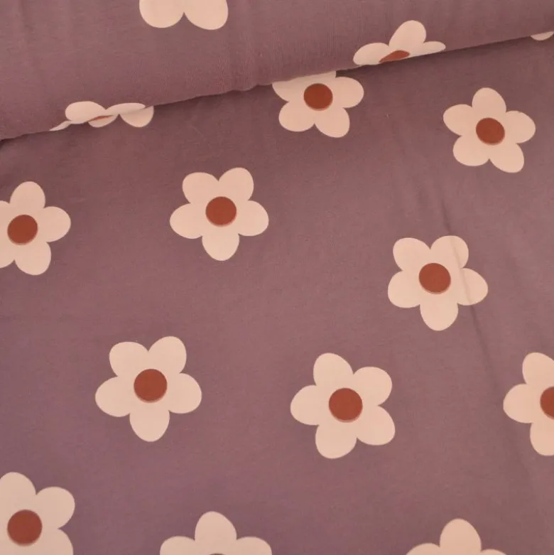 Tissu Sweat French terry motif fleurs fond parme - OEKO TEX