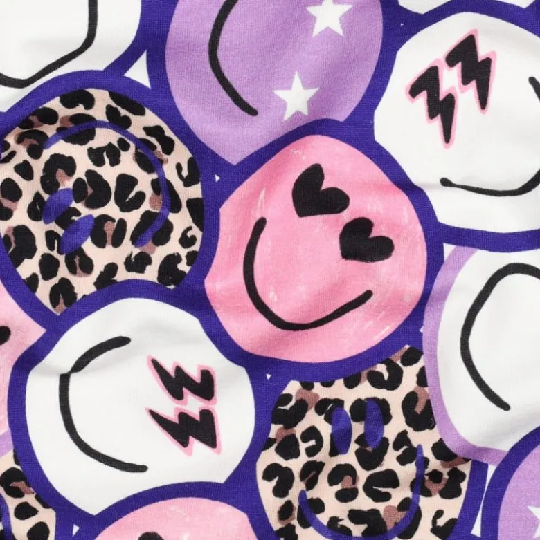 Tissu Sweat French Terry – Motif Smileys Pop & Léopard – Violet, Rose et Blanc - Poppy