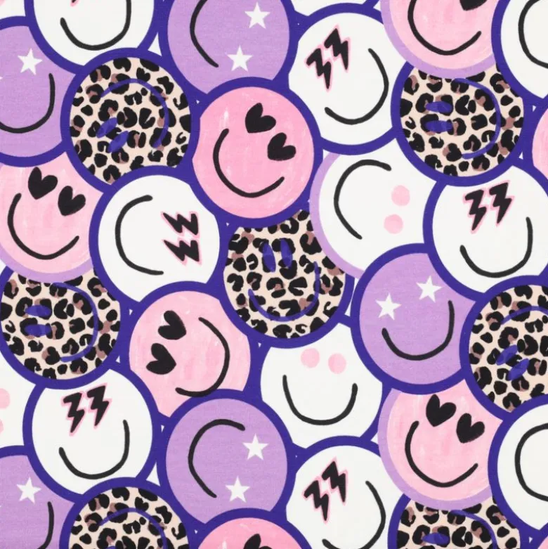 Tissu Sweat French Terry – Motif Smileys Pop & Léopard – Violet, Rose et Blanc - Poppy