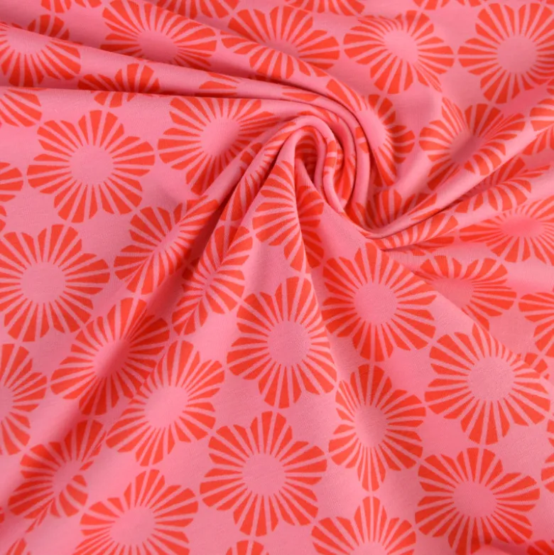 Tissu Sweat French terry Sweat motif fleurs fond rose - OEKO TEX