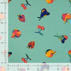Tissu Sweat French terry Sweat motif fruits fond turquoise - OEKO TEX