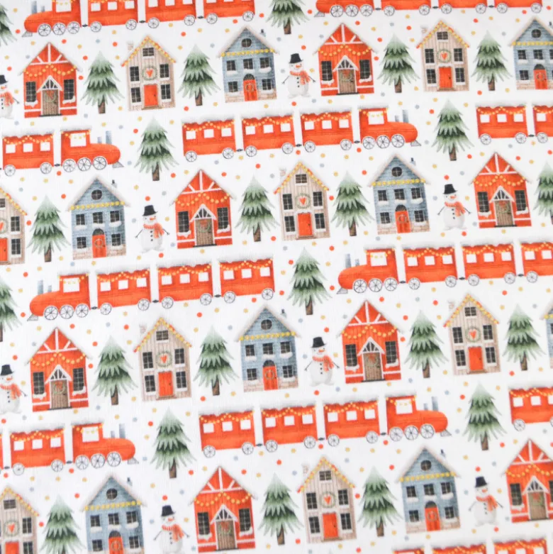 Tissu Sweat molleton de Noël motifs maisons et sapins rouge fond blanc