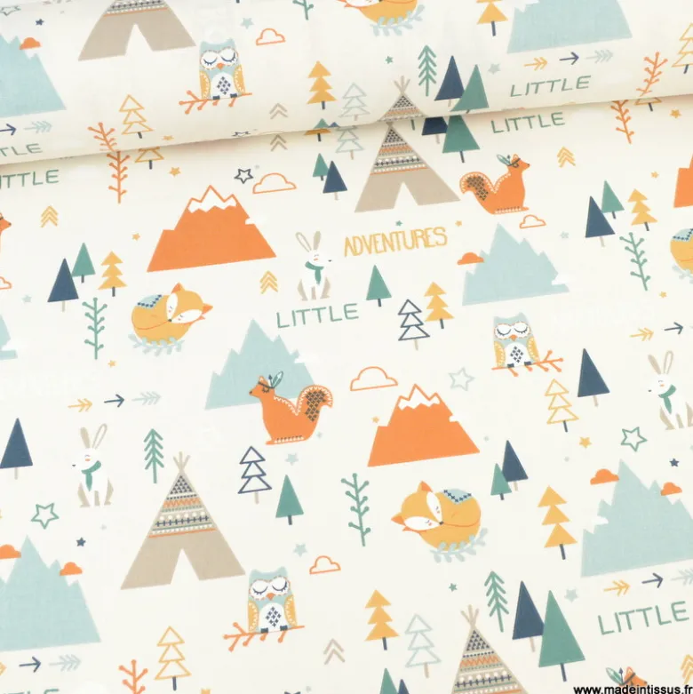 Tissu Tamias coton imprimé Little Adventure Ocre et Sapin - OEKO TEX