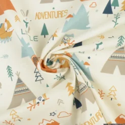 Tissu Tamias coton imprimé Little Adventure Ocre et Sapin - OEKO TEX
