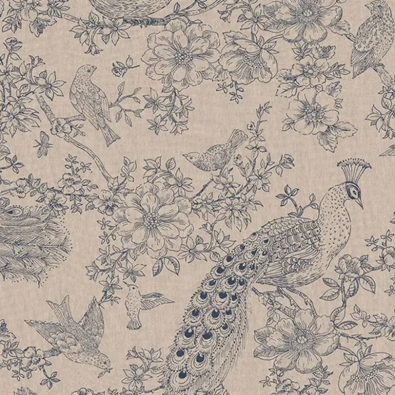 Tissu toile aspect lin – Motif paon & oiseaux bleus
