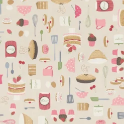 Tissu toile aspect lin motif patisserie et gateaux fond lin