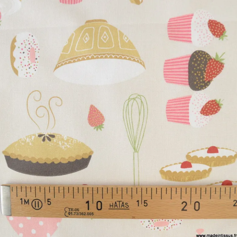 Tissu toile aspect lin motif patisserie et gateaux fond lin