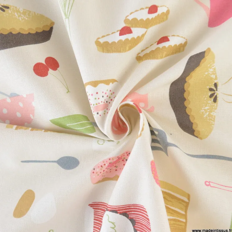 Tissu toile aspect lin motif patisserie et gateaux fond lin