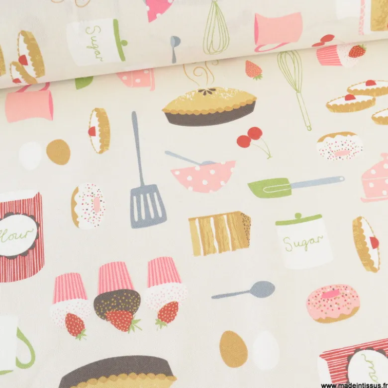 Tissu toile aspect lin motif patisserie et gateaux fond lin