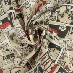 Tissu toile aspect lin motifs Manga Noir et rouge