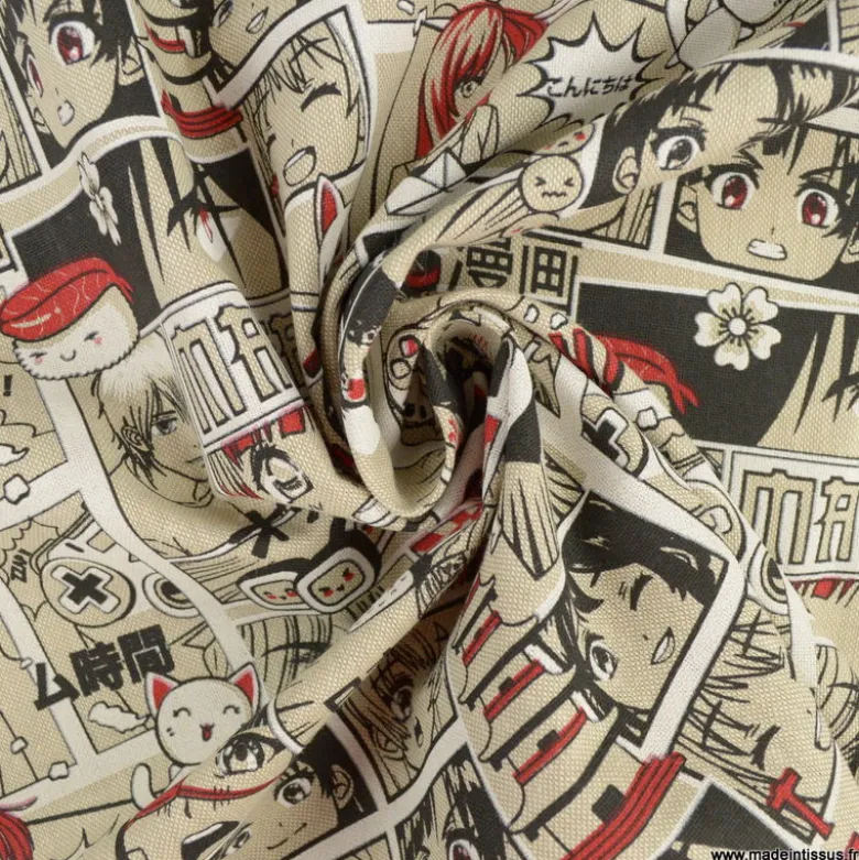 Tissu toile aspect lin motifs Manga Noir et rouge