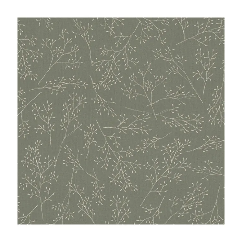 Tissu toile aspect lin motifs branches fond vert