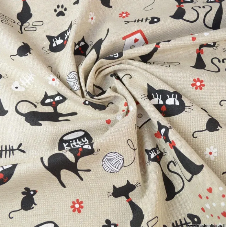 Tissu toile aspect lin motifs Chats et pelotes de laine - OEKO TEX